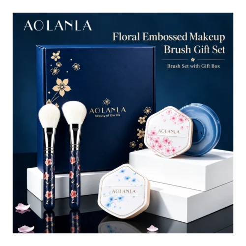 AOLANLA Sakura Makeup Brush & Puff Set – 2 Animal Hair Blush & Powder Brushes, 2 Dual-Use Makeup Puffs with Storage Case