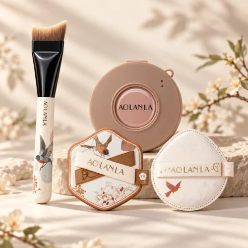 AOLANLA Flower and Bird base makeup set with one fishtail foundation brush, two makeup puffs and one storage case