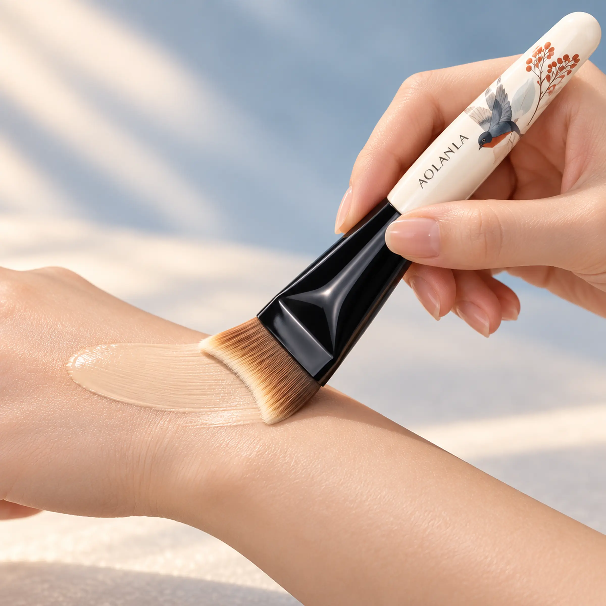 AOLANLA fishtail foundation brush laying down a thin even layer of base makeup