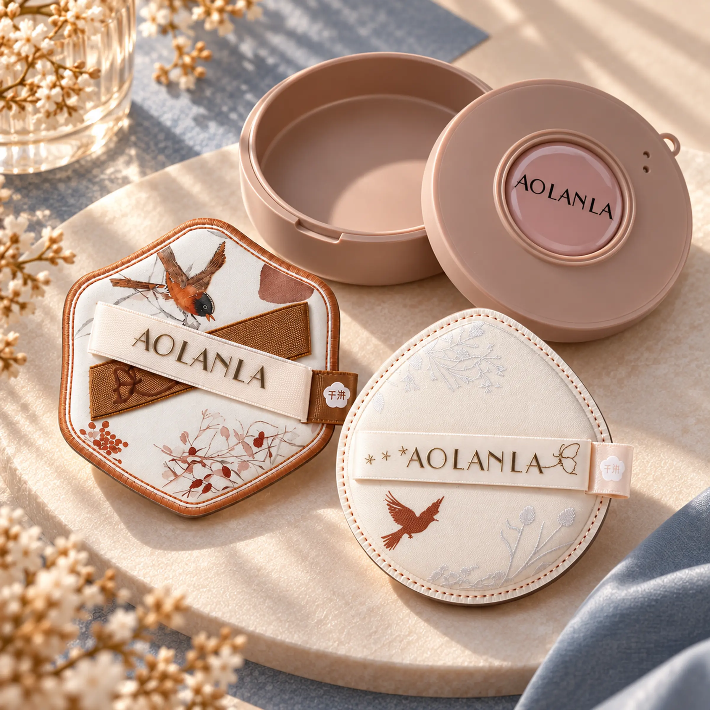 Two AOLANLA Flower and Bird puffs and their round storage case