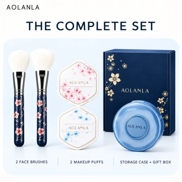 AOLANLA Sakura Makeup Brush & Puff Set – 2 Animal Hair Blush & Powder Brushes, 2 Dual-Use Makeup Puffs with Storage Case