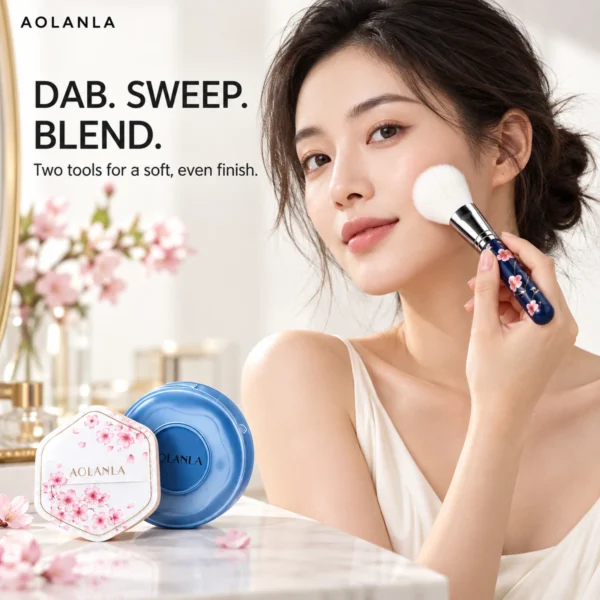 AOLANLA Sakura Makeup Brush & Puff Set – 2 Animal Hair Blush & Powder Brushes, 2 Dual-Use Makeup Puffs with Storage Case