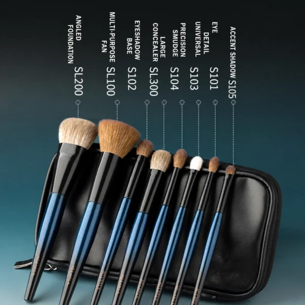 AOLANLA 8-Piece Blue-Dyed Makeup Brush Set with Animal Hair Blush, Powder, Setting, Contour & Eyeshadow Brushes and Brush Bag