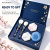 AOLANLA Sakura Makeup Brush & Puff Set – 2 Animal Hair Blush & Powder Brushes, 2 Dual-Use Makeup Puffs with Storage Case