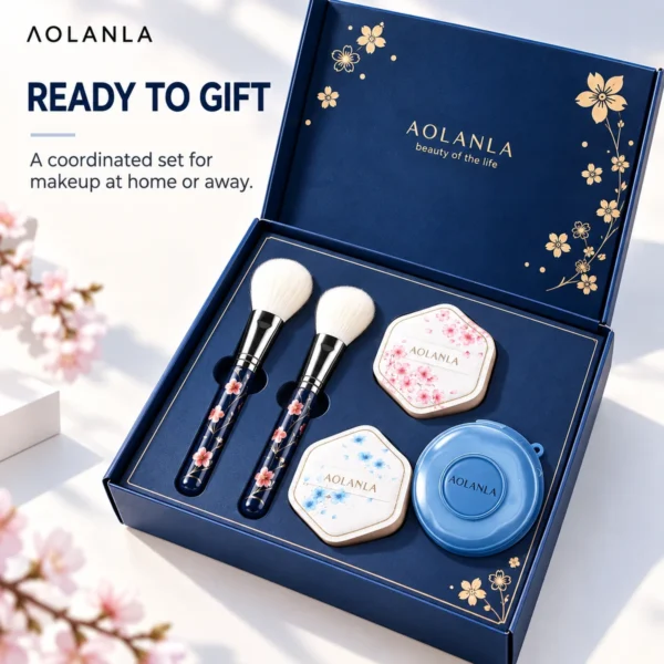 AOLANLA Sakura Makeup Brush & Puff Set – 2 Animal Hair Blush & Powder Brushes, 2 Dual-Use Makeup Puffs with Storage Case