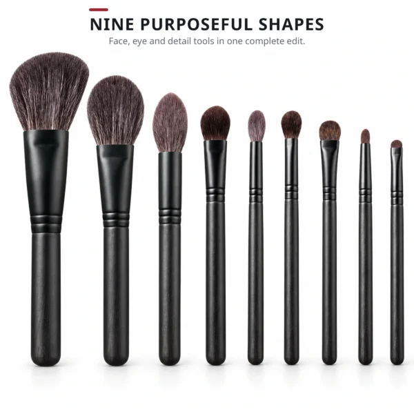Nine purposeful AOLANLA Grey Squirrel makeup brush shapes for face, eye and detail work