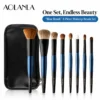AOLANLA 8-Piece Blue-Dyed Makeup Brush Set with Animal Hair Blush, Powder, Setting, Contour & Eyeshadow Brushes and Brush Bag