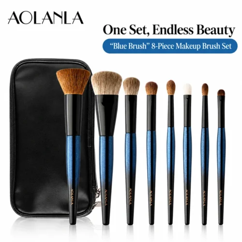 AOLANLA 8-Piece Blue-Dyed Makeup Brush Set with Animal Hair Blush, Powder, Setting, Contour & Eyeshadow Brushes and Brush Bag