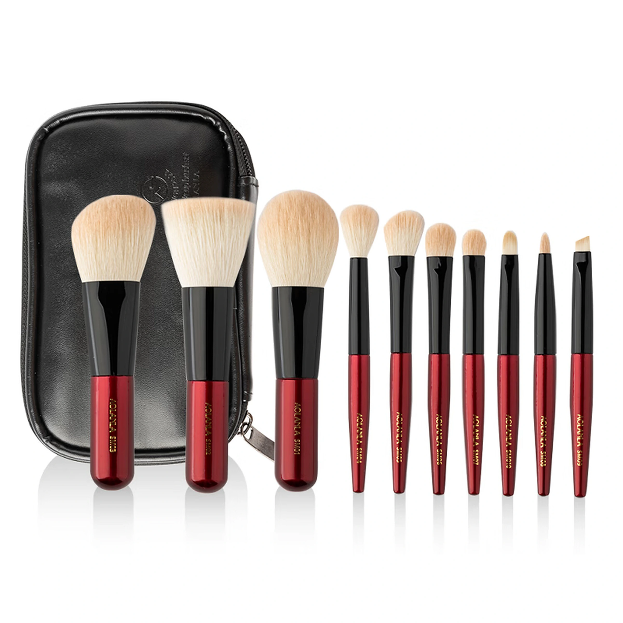 AOLANLA Mini 10-Piece brush set in Vermilion Red with black travel pouch