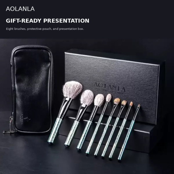 Peacock Blue eight-piece brush set with pouch and presentation box