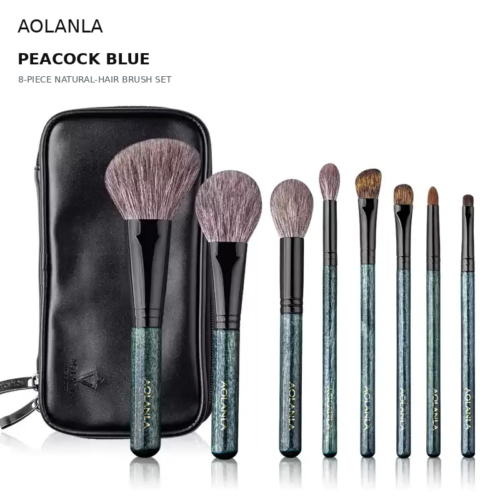 AOLANLA Peacock Blue 8-Piece Natural-Hair Brush Set with pouch