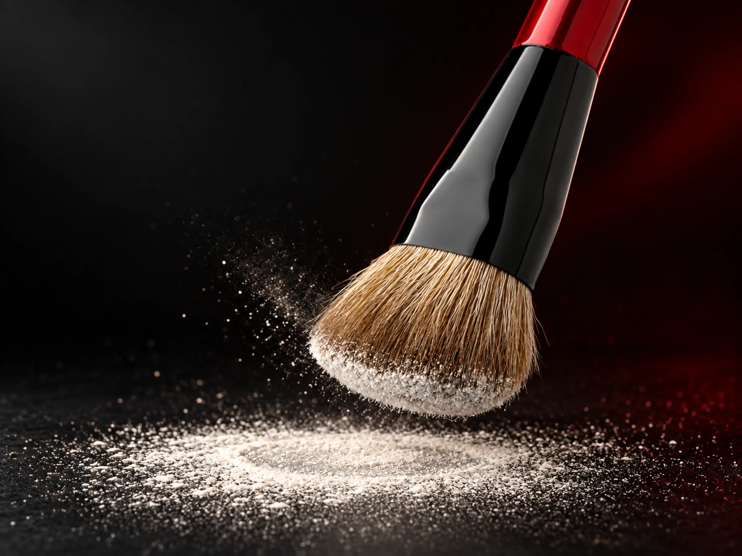 Red Night brush carrying a light veil of loose powder at the working edge