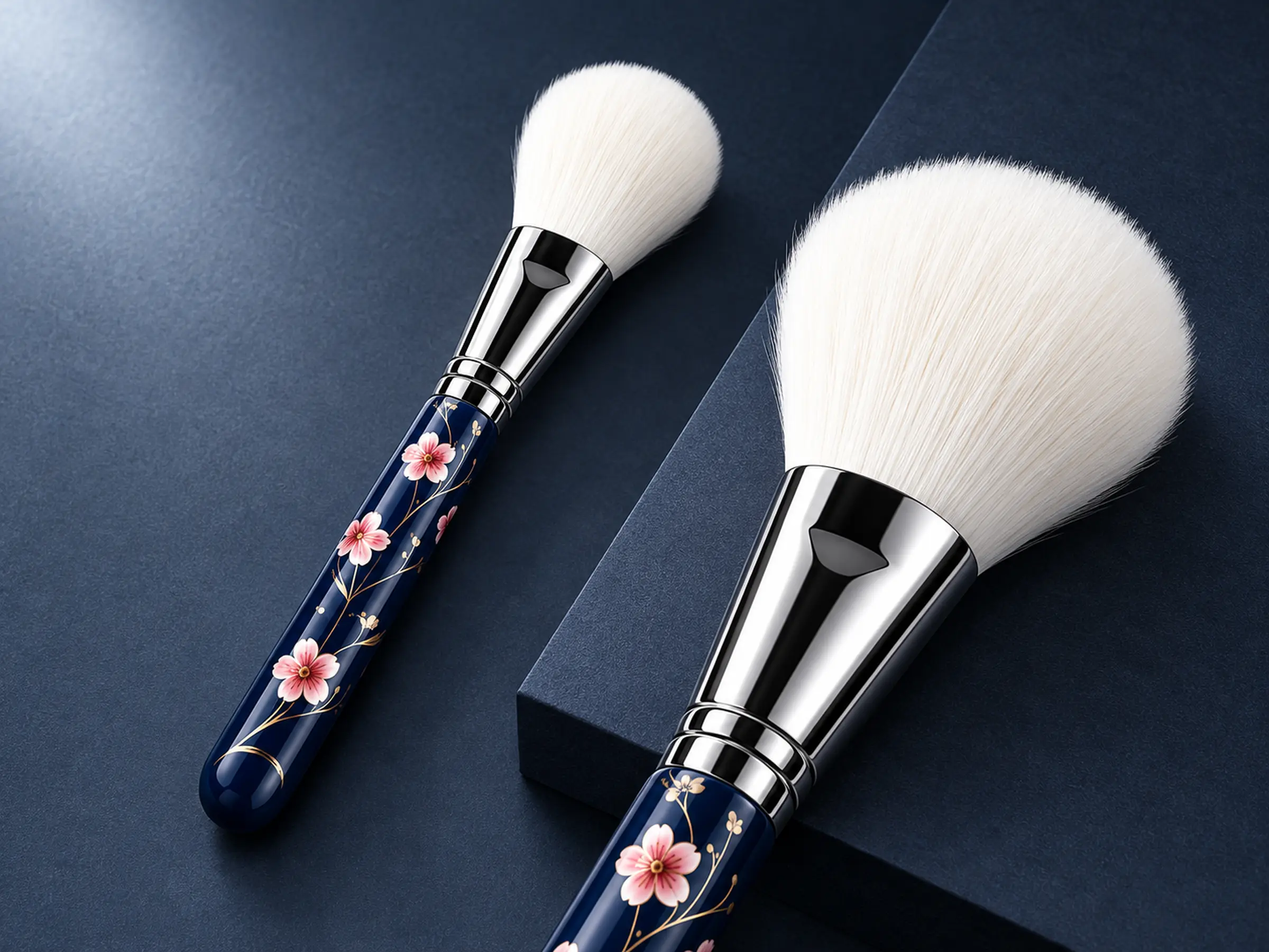 Two complementary AOLANLA Sakura face brushes with white natural fibres, polished silver ferrules and navy floral handles