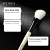 Brush construction callouts: fine goat hair, thick aluminium ferrule, piano-lacquer handle