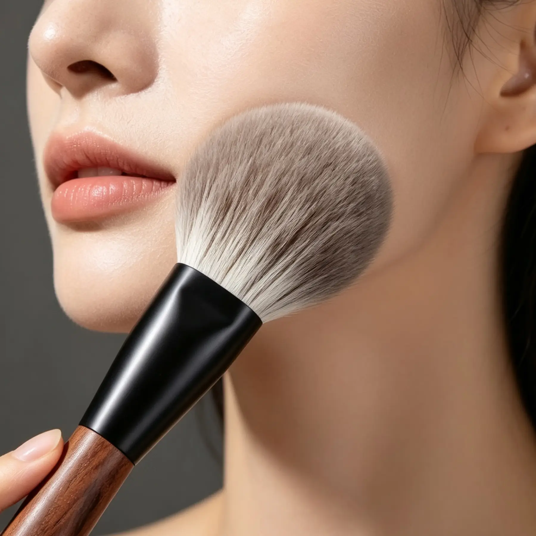 Snow Fox oversized powder brush following the cheek contour