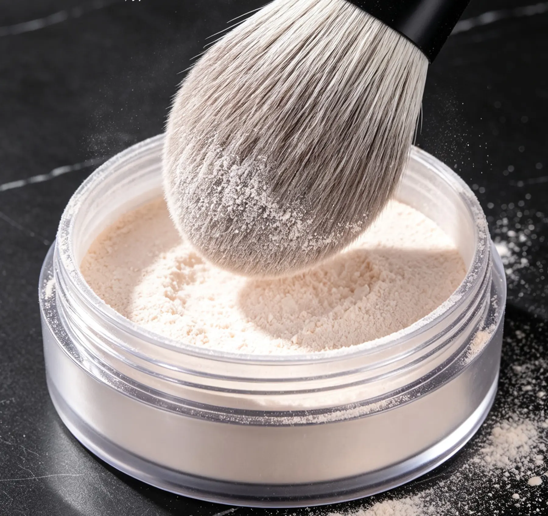 Snow Fox brush lifting loose powder evenly from a powder jar
