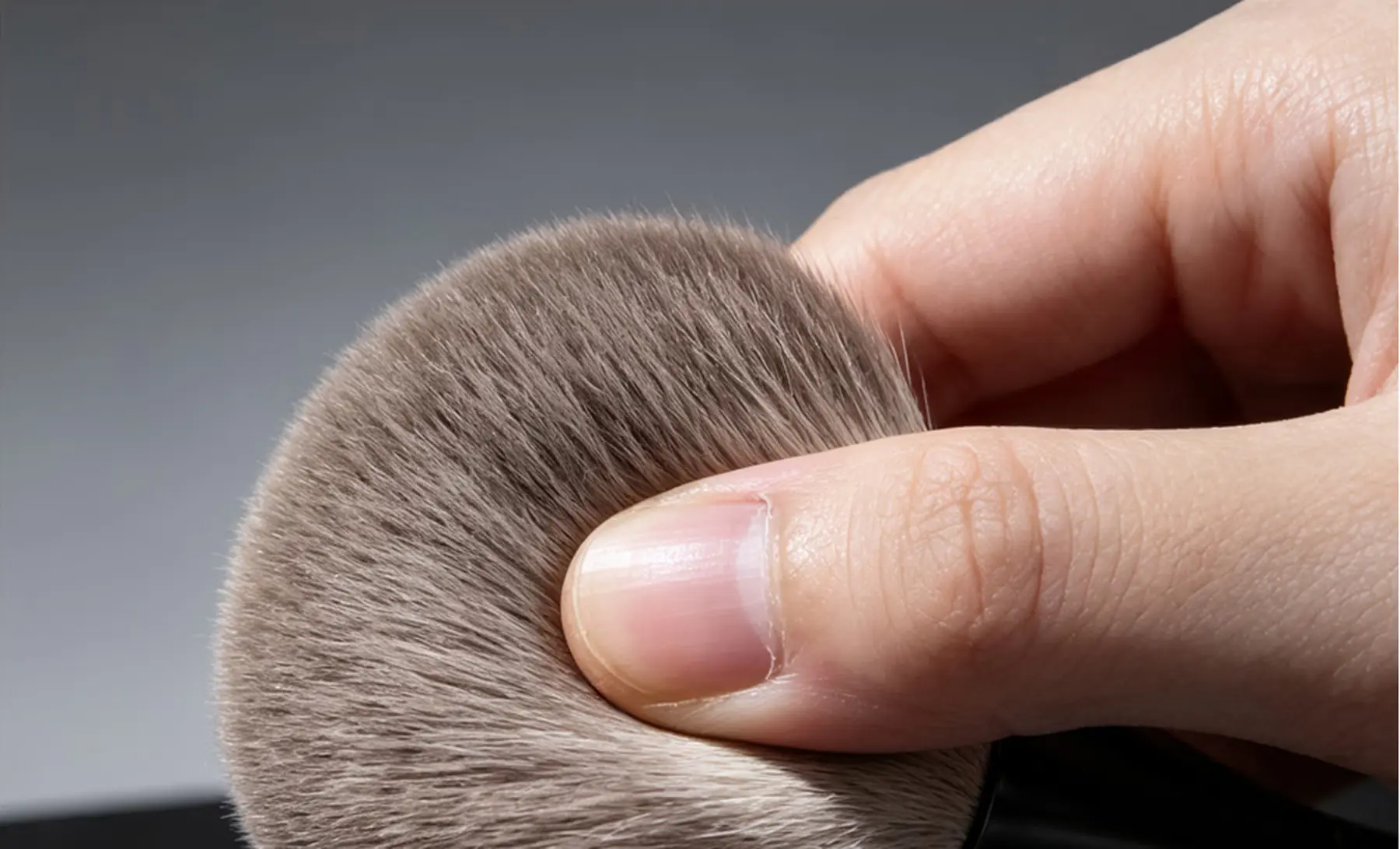 Close demonstration of the Snow Fox powder brush head compressing under gentle finger pressure