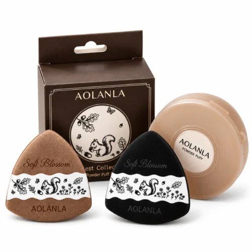 AOLANLA hazelnut and black triangle makeup puff duo with one storage case and retail box