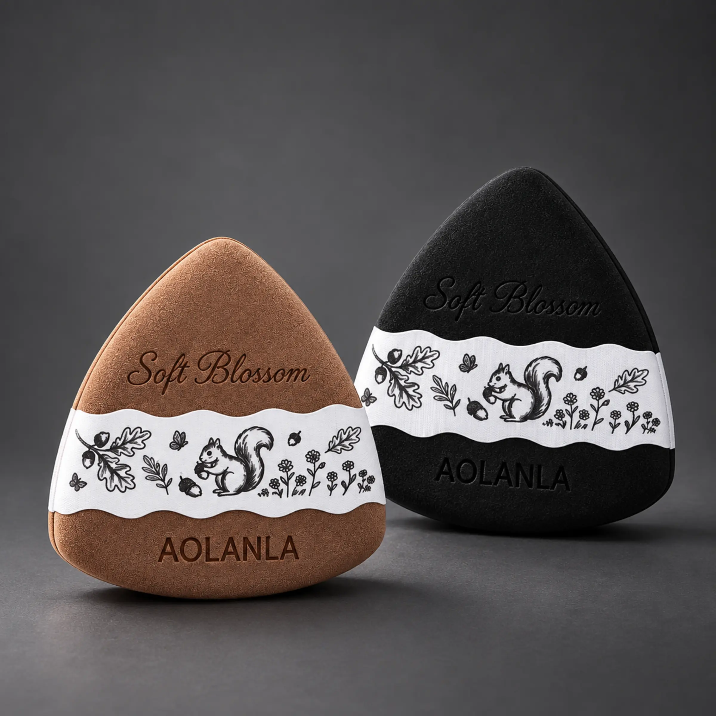 AOLANLA hazelnut and black triangle puffs showing pointed tips rounded sides and broad bases