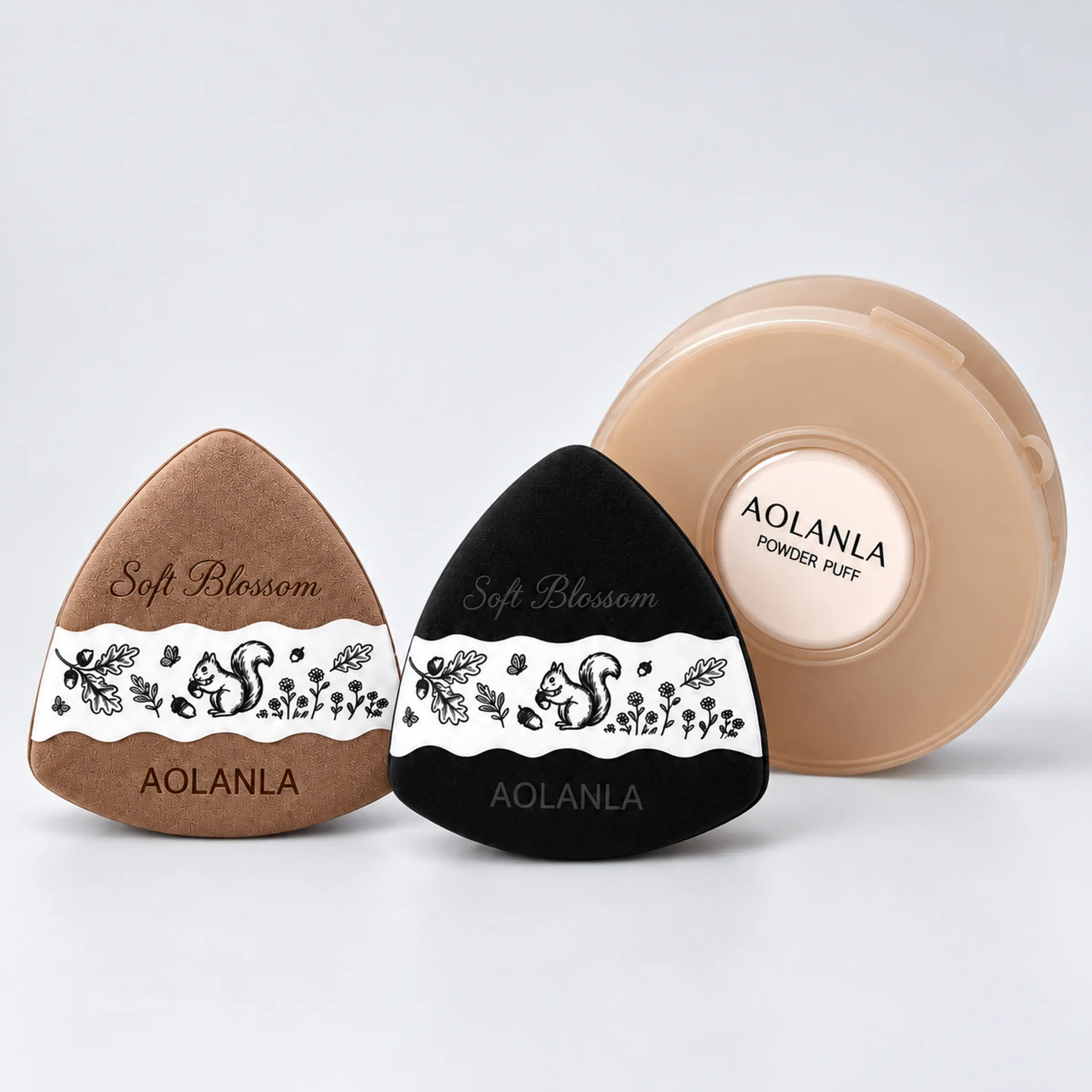 Two triangle puffs with one closed round storage case