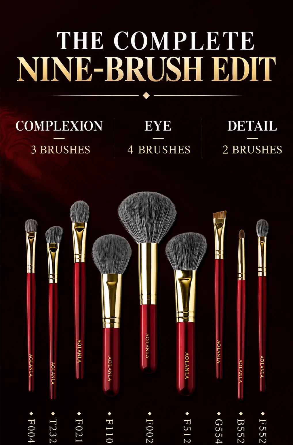 Nine Vermilion Gold brushes with polished gold ferrules grouped for complexion eye and detail work