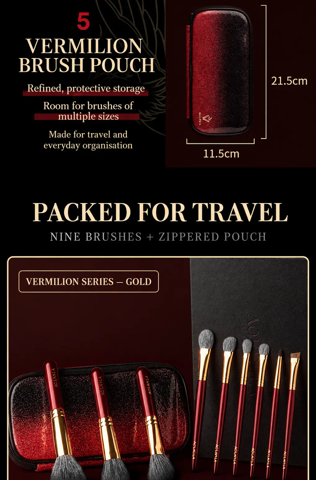 Nine Vermilion Gold brushes with polished gold ferrules and red black zippered pouch