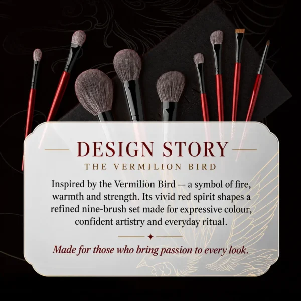 Vermilion Noir nine-brush arrangement with black ferrules and Vermilion Bird design story