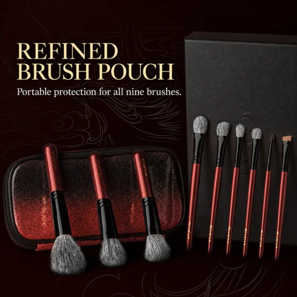 Nine Vermilion Noir brushes with glossy black ferrules, red handles, pouch and gift box