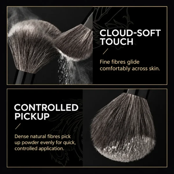 Vermilion Noir black-ferrule brush showing soft contact and controlled powder pickup