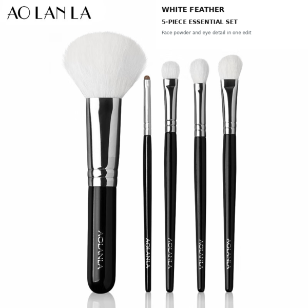 AOLANLA White Feather 5-Piece Essential Brush Set AOLANLA White Feather five-piece natural-hair makeup brush set on a white background
